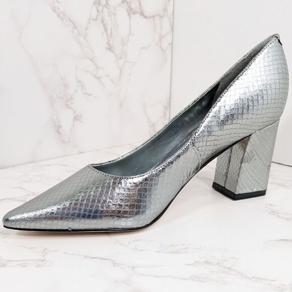 Marc Fisher Shoes - NEW Marc Fisher Women's Zala Pump Block Heel Pointed Toe Silver Snakeskin 5.5